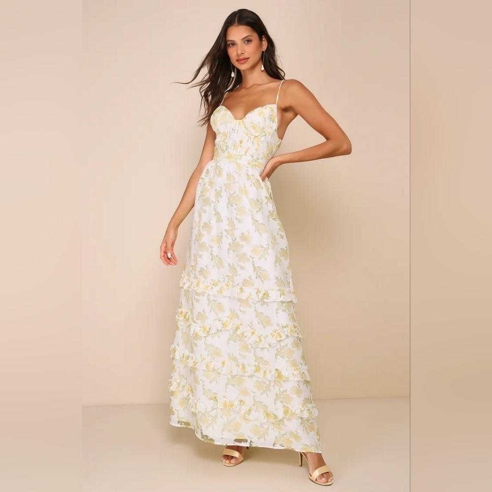 Lulus Gorgeous Occasion Cream Floral Burnout Lace-Up Tiered Maxi Dress M Wedding - Picture 2 of 13